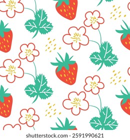 Patrón de fresa y flores con Colores vibrantes sobre un fondo blanco. Un patrón artístico con fresas, flores y hojas en rojo, verde y amarillo sobre un fondo blanco. El diseño 