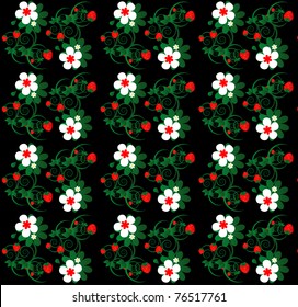 strawberry with flower seamless texture on black background