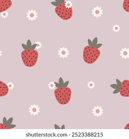 Estilo de dibujos animados de patrón de Vector sin costuras de fresa y flores. Fruta linda de la historieta para la tela, envoltura, materia textil, Fondo de pantalla, tarjeta, regalo de papel, caja del teléfono.