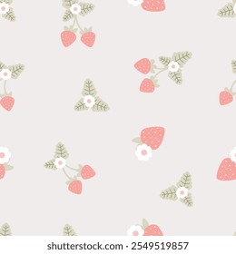 Strawberry und Blume nahtlose Vektormuster Cartoon-Stil. Nette Cartoon-Frucht für Stoff, Verpackung, Textil, Tapete, Karte, Papier Geschenk, Telefonkoffer.