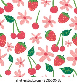 Strawberry flowers cherry seamless vector pattern. Repeating background with summer fruit. Use for fabric, gift wrap, packaging.