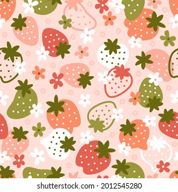 Fresa y Flores Coloridas Patrón de Seamless. Fresas Cuestas Fondo Veraniego Floral. Papel de fondo de Summer Berries. Colores rojos, rosas, blancos y verdes. Ilustración del vector