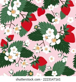 Strawberry flowers field seamless pattern in pink background