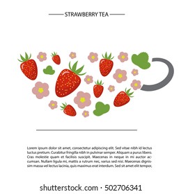 Strawberry and flowers in the form of a cup of tea. postcard or poster template