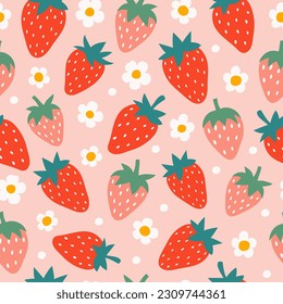 Strawberry and flowers hand drawn seamless pattern. Cute summer background for fabrics, decorative paper. Textile print for kids. Vector cartoon illustration.