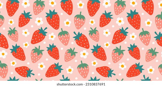 Strawberry and flowers hand drawn seamless pattern. Cute summer background for fabrics, decorative paper. Textile print for kids. Vector cartoon illustration.