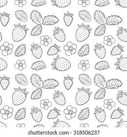 Strawberry, Flowers And Leafs Seamless Sketch Pattern