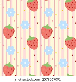 Strawberry, Flowers on blue background, Pink lines, Fabric pattern, Gift wrapping paper, Cute stickers, Notebook cover, Phone case , seamless pattern 