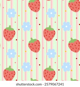 Strawberry, Flowers on green background, Pink lines, Fabric pattern, Gift wrapping paper, Cute stickers, Notebook cover, Phone case , seamless pattern 