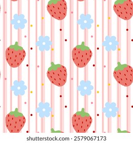 Strawberry, Flowers on white background, Pink lines, Fabric pattern, Gift wrapping paper, Cute stickers, Notebook cover, Phone case , seamless pattern 