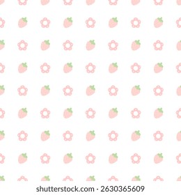 Strawberry, flowers on white background, fabric pattern, gift wrapping paper, white polka dots , seamless pattern 