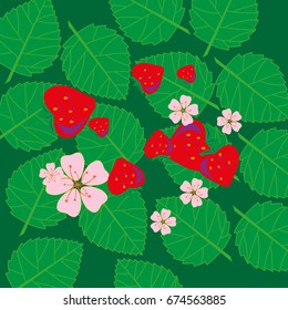 Strawberry and Flowers Pattern. Vector illustration 