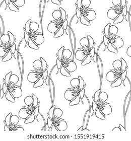 Strawberry flowers in seamless background. Black and white drawing. Food advertising, discounts and sales, wrapping paper, tablecloth, cloth.
