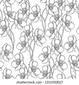 Strawberry flowers in seamless background. Black and white drawing. Food advertising, discounts and sales, wrapping paper, tablecloth, cloth.