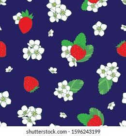 Strawberry and flowers seamless pattern on dark blue background