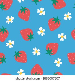 Strawberry flowers seamless vector background. Repeating pattern with summer fruit on blue. Use for fabric, gift wrap, packaging.