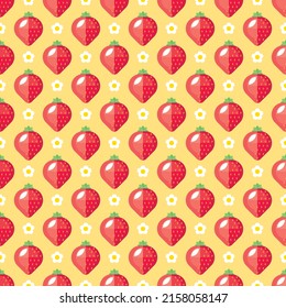 Erdbeere mit Blumen, einfacher geometrischer Hintergrund. Gartenfrucht moderne abstrakte nahtlose Muster. Textur, Tapete, Dekorationsobjekte für Papier, Tapeten, Fliesen, Textilien, Gewebe, Verpackungen
