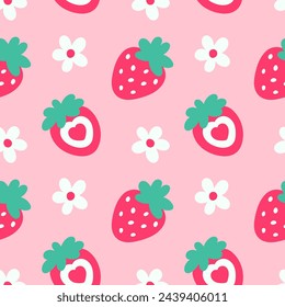 Strawberry flowers summer seamless vector children's pattern. Repeating background with summer fruits on pink. Cute design for fabric, gift wrap, packaging.