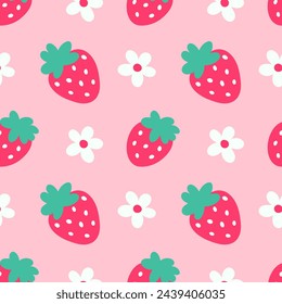 Strawberry flowers summer seamless vector children's pattern. Repeating background with summer fruits on pink. Cute design for fabric, gift wrap, packaging.