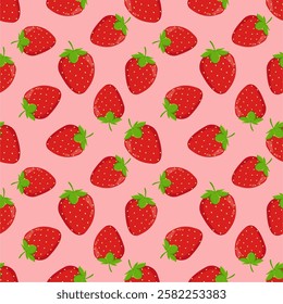 Strawberry flowers summer seamless vector children's pattern. 