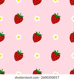 Strawberry flowers summer seamless vector children's pattern. 