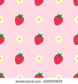 Strawberry flowers summer seamless vector children's pattern. 