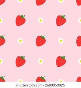 Strawberry flowers summer seamless vector children's pattern. 