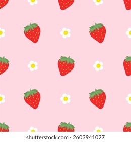 Strawberry flowers summer seamless vector children's pattern. 