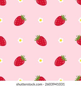 Strawberry flowers summer seamless vector children's pattern. 