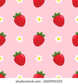 Strawberry flowers summer seamless vector children's pattern. 