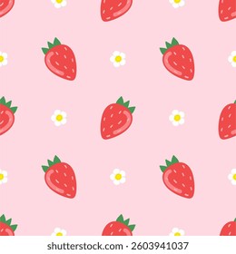 Strawberry flowers summer seamless vector children's pattern. 