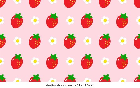 Strawberry flowers summer seamless vector children's pattern. 