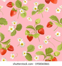 Strawberry with flowers, wild berries, leaves vector pattern. Seamless background texture illustration in watercolor style for summer cover, botanical wallpaper, vintage backdrop, wedding invitation