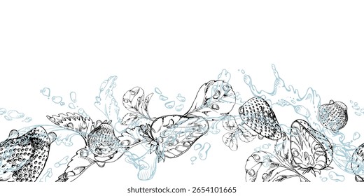 Strawberry flying in water splash with leaves, dew drops hand drawn in vector ink. Ripe summer garden forest berry strasberry. Isolated seamless banner. Home preserves, stationery, menu, recipe book