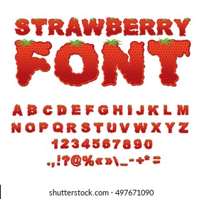 Strawberry Font. Berry ABC. Red Fresh Fruit Alphabet. Letters From Bright Red Fetus
