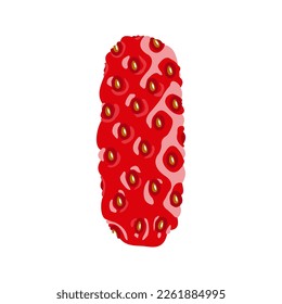 Strawberry font. Letter I. Alphabetical character with strawberry texture. Character representing one or more of the sounds used in speech. Decorative fruit font. Vector illustration. 