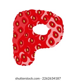 Strawberry font. Letter P. Alphabetical character with strawberry texture. Character representing one or more of the sounds used in speech. Decorative fruit font. Vector illustration. 