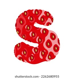 Strawberry font. Letter S. Alphabetical character with strawberry texture. Character representing one or more of the sounds used in speech. Decorative fruit font. Vector illustration. 