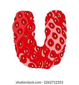 Strawberry font. Letter U. Alphabetical character with strawberry texture. Character representing one or more of the sounds used in speech. Decorative fruit font. Vector illustration. 