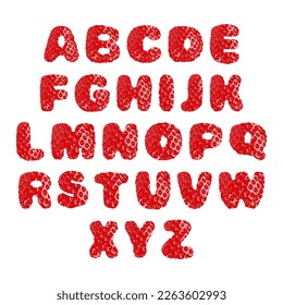 Strawberry font, set of letters. English alphabet. Alphabetical character with strawberry texture. Character representing one or more of the sounds used in speech. Decorative fruit font. Vector.