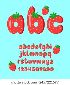 Strawberry Font. Summer Berry Alphabet. Fruit Juicy Bright Abc. Yummy Tasty Kids Typography.