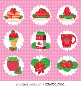 Strawberry food collection vector illustration. strawberry plants set. Strawberry food cartoon stickers set. Pancake, cake slice, pizza, drink, juice, ice-cream, coffee, strawberry, flower, pickle. 