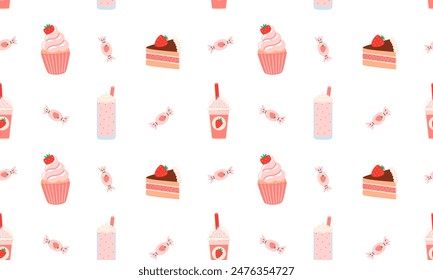 Strawberry food and drink seamless pattern. Summer refreshing drinks, sweets and desserts with taste of strawberries. Juicy summer berries. Flat Vector illustration