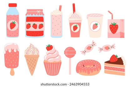 Strawberry food and drink set. Summer refreshing drinks, sweets and desserts with the taste of strawberries. Strawberry Fair. Flat Vector illustration isolated on white background