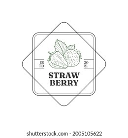 Strawberry food logo template. Hand drawn illustrations for for restaurant, bar, vegan, healthy and organic food, market, farmers market, cooking school, food truck, delivery service.