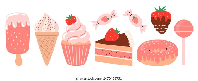 Strawberry food set. Summer sweets and desserts with the taste of strawberries. Strawberry Fair. Flat Vector illustration isolated on white background