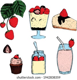 Strawberry and food from strawberries colored illustration. Ink outline. Strawberry ice crem, cake, cupcake, yoghurt and smoothie vector drawing. Textured detailed style. Fruits nature theme. 