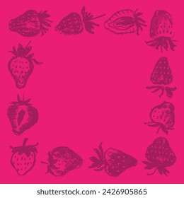 Strawberry frame with berries drawings for juice label, cosmetics packaging design, vegetarian banner template. Hand drawn vector strawberries border illustration. Red berries framework.