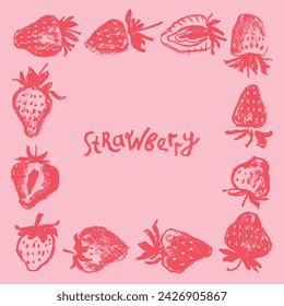 Strawberry frame with berries drawings for juice label, cosmetics packaging design, vegetarian banner template. Hand drawn vector strawberries border illustration. Red berries framework.