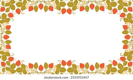 Strawberry frame, cartoon colored vector illustration. Red berries design template with branch hand drawing
